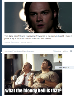 camuizuuki:  perpetuallycaffeinated:  camuizuuki:  superhighfive:  Well that would be Sam Winchester about to smile at the fact that his brother is being turned into a vampire. Sadistic much Sammy??  Bahaha Thank you Vee for posting that bottom photo.