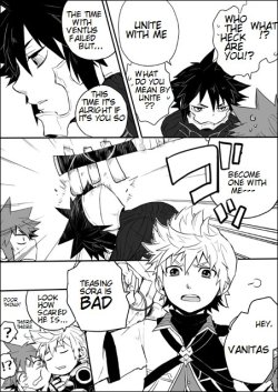 FIRST PANEL ADORABLE GRUMPY FACE ATTACK. Vanitas, you are like, even cuter than Sora to me. Not even that cute in the game, but I see a few fanarts, a couple of doujin excerpts, and it&rsquo;s instant love. I don&rsquo;t even.