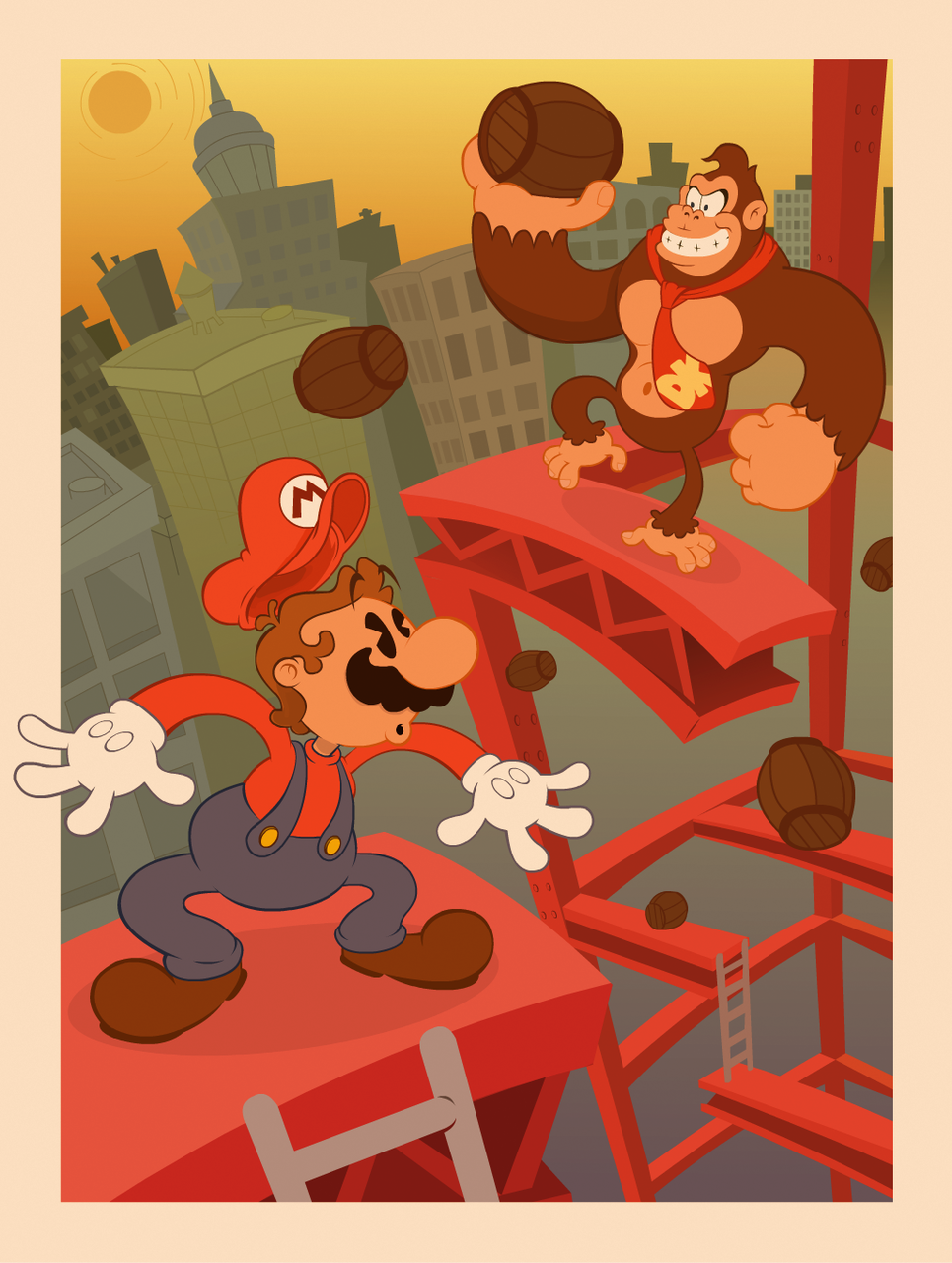 Retro Mario and Donkey Kong face off in this rad old school Nintendo illustration by artists Matt Peterson & Max Ray Frisbee.
1920’s Mario: Lines by Matt Peterson | Colors by Max Ray Frisbee