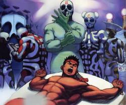 videogamesmademegay:  Believe it or not, this is actually an official Capcom illustration of Ryu getting examined by Street Fighter EX’s Skullomania. (From Capcom’s Design Works, via lovecapcom.) 
