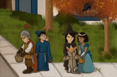 arfurpendraguhn:HAPPY HALLOWEEN, EVERYONE \o/Merlin: ArthuuurrrArthur: Mmrph?Merlin: That bird keeps