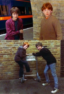 homemadedarkmark:  dlittleone:  harryginnydaily:  Will Dunn (James Sirius Potter) shared this adorable photo of him with Ryan Turner (Hugo Weasley) at King’s Cross. Instantly reminded me of this scene in CoS. Like father, like son. Harry and Ron, Hugo