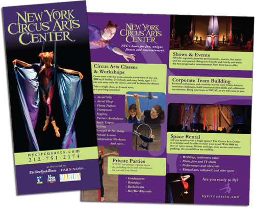 New York Circus Arts Center Promotional Brochure
Promotional Brochure designed for the New York Circus Arts Center. Design applies the strong usage of the company’s color branding and striking imagery.