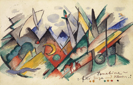 Franz Marc : Sonatine für Geige und Klavier. Postkarte von Franz Marc an Lily Klee vom 7.2.1913
Bleistift, Aquarell und Gouache auf Halbkarton, 9,8 x 15 cm
Privatbesitz Schweiz, Depositum im Zentrum Paul Klee, Bern
/via art-magazin