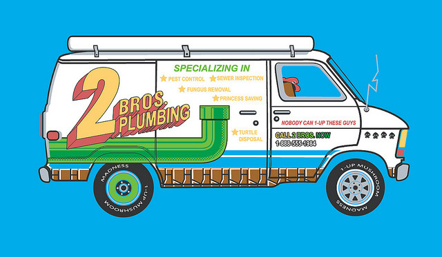 Clever Mario Brothers inspired shirt design by Brandon Ortwein. Vote this up over at Threadless! “Nobody can 1-up these guys!”
2 Bros. Plumbing Van by Brandon Ortwein (Flickr) (Twitter)
Via: gamefreaksnz | Super Punch