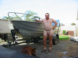 averagedudenextdoor:Cut chubby middle-aged dad working on his boat in just some slides