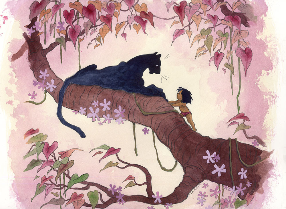 cliobablio:  cliobablio:  Mowgli &amp; Bagheera   Was reminded of this old painting