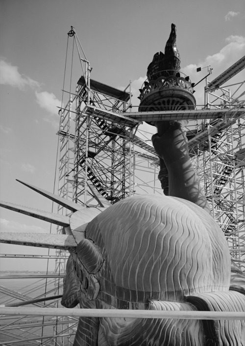 Statue of Liberty, Liberty Island, Manhattan, NY during 1984 restoration; photographer unknown