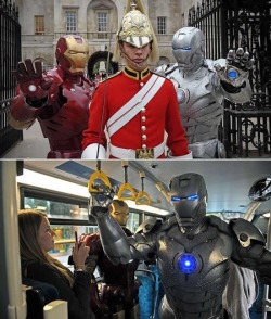 thedailywhat:  Kickass Cosplay of the Day: Norwegian John Bekkensten, “an established sculptor for the movie industry,” and his buddy Keith Carter took to the streets of London in homemade Iron Man and War Machine suits. Great vacation photos, or