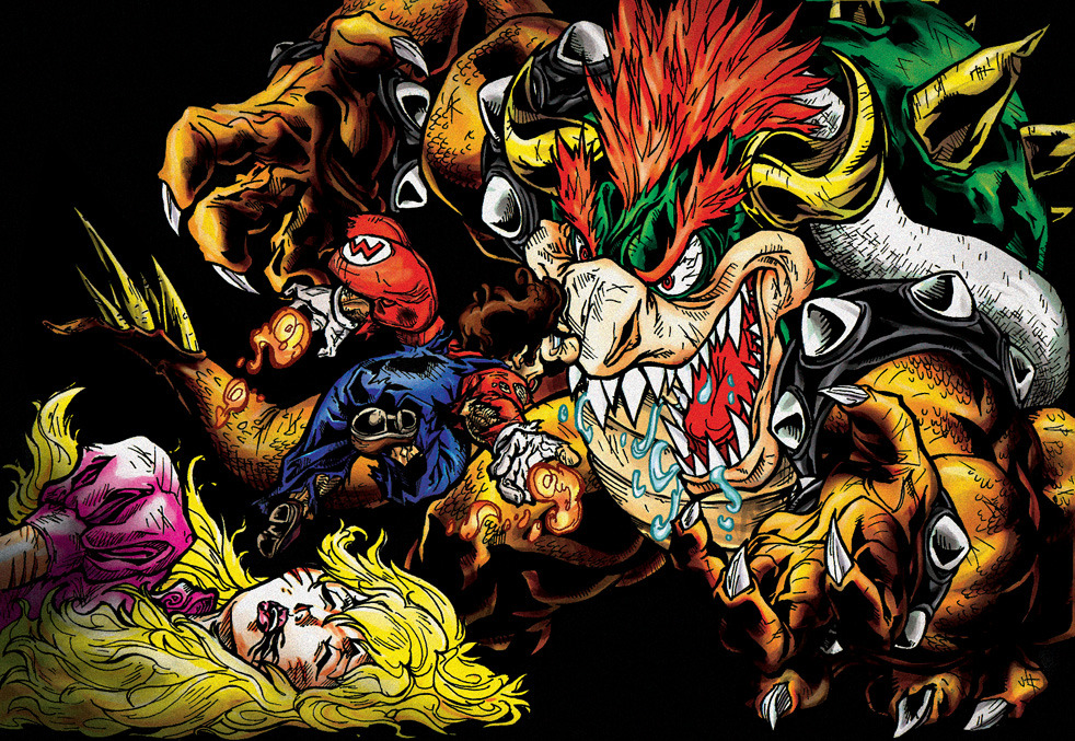 Bowser must have had a few bad mushrooms! He became extra hostile in this chaotic work of fan art by Sebastian von Buchwald. FIGHT!
Related Rampage: Mario vs. Pac-Man
Mario vs. Bowser by Sebastian Von Buchwald (deviantART) (Facebook)