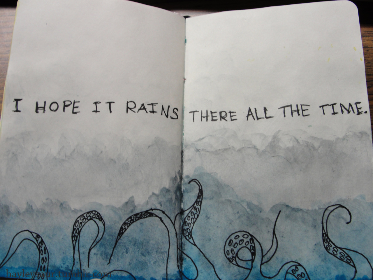 A mix of ink and watercolor from my sketchbook. Lyrics from Brand New’s “Jude Law and a Semester Abroad.”