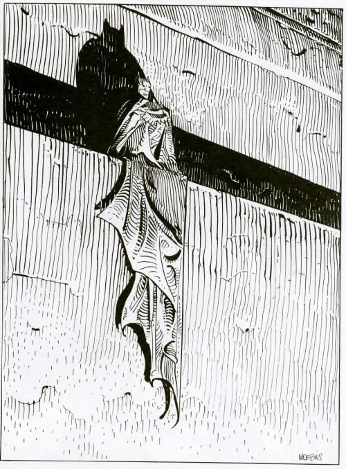 udontease:  wratshit:  Batman by Moebius. Fantastic!  jebus bruce, your cape is out of control 