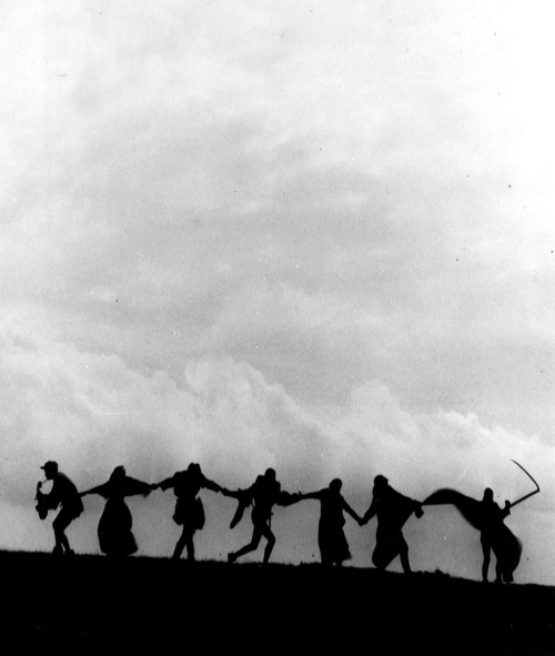 tamburina:  The “Dance of Death” in The Seventh Seal (1957, dir. Ingmar Bergman) “The final scene when Death dances off with the travelers was, as I said, shot at Hovs Hallar. We had packed up for the day because of an approaching storm. Suddenly,