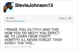 thedailywhat:  Tweet of the Day: Buffalo Bills wide receiver Stevie Johnson blames God for his game-losing drop in last night’s match up against the Steelers. Stevie, you fool. You forget to @ Him! Now He’ll never get your tweet. [shutdown.]  I&rsquo;m