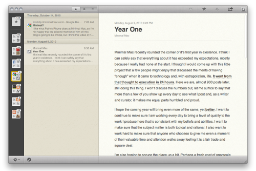 Reeder for Mac – Public Beta
Even though it is still in beta, if you have need for any RSS reader on the Mac, I’d check out this one. It’s as wonderful as it’s iPhone and iPad counterparts and the first non-Apple app that I’m aware of to take on the...