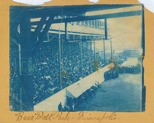 Spectators crowd the stands for a baseball game at Nicollet Park.
Photograph Collection, Cyanotype ca. 1900