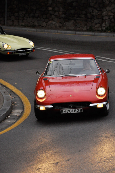automotives: Inline-6 versus V-12 Series II Jaguar E-Type chasing a Ferrari 330 GTC
