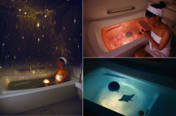repobsession:  lizzysam:  theylooklikebigstronghands:  The waterproof planetarium floats in water and contains a bright light that projects out into the room, or even into the tub itself when flipped over. It also includes Rose Bath and Deep Ocean graphic