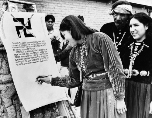 thatvegancosplayer:
“ ehonauta:
“ polytropic-liar:
“ carmenbelli:
“ aka14kgold:
“ vulturehooligan:
“  Another photo of the Navajos banning the swastika.
The document they are signing starts off: “Because the above ornament, which has been a sign of...