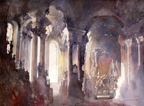 jwallsjoystick:  thesaurusrexx:  Wieskirche by ~micorl  I am in awe. This is a gorgeous watercolor.   Wieskirche, Steingarden,Bavaria