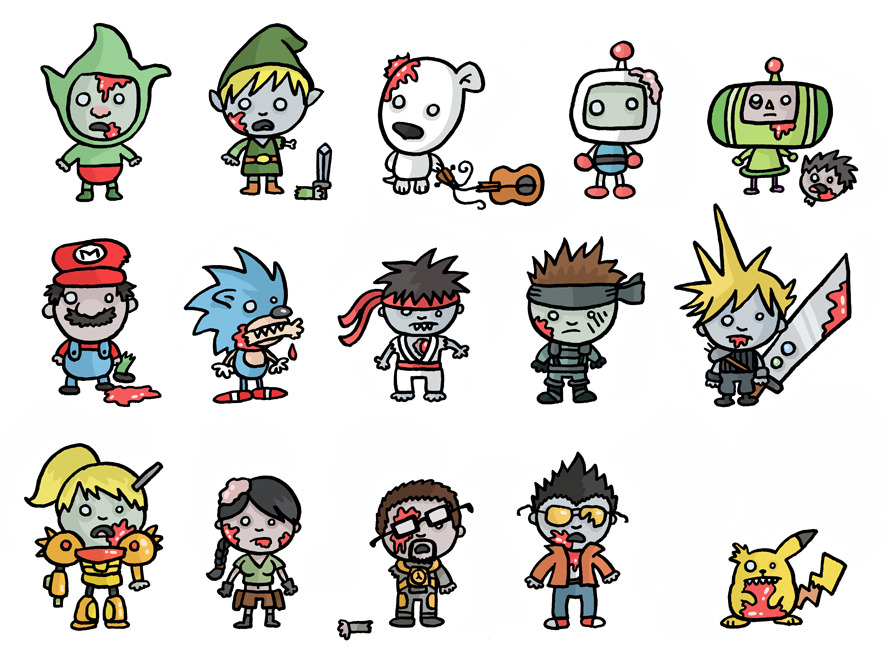 Many of our favorite video game heroes have become one of the infected! This is a killer group of zombies with the recognizable style of Jess Bradley﻿﻿.﻿﻿
Video Game Zombies by Jess Bradley (Tumblr) (deviantART) (Facebook)
Via: squid-bits