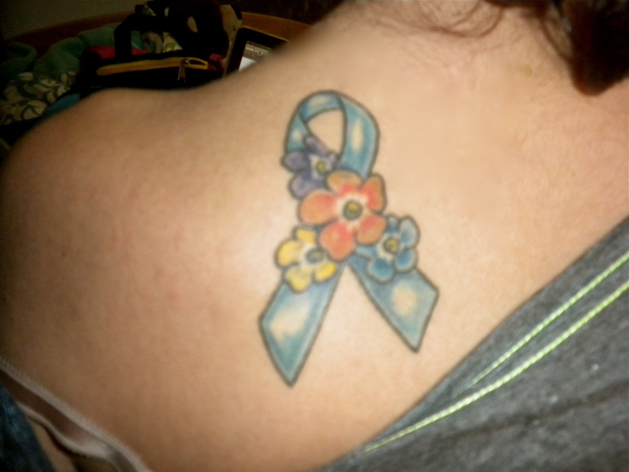 Dad Ribbon Cancer Tattoo On Side Rib