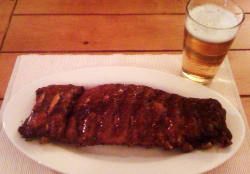 Last night’s dinner: slow-roasted rack of babyback ribs (with soy-maple marinade-glaze) and co