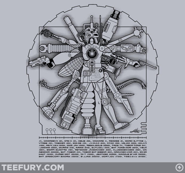 Leonardo da Vinci’s Vitruvian Man gets a robotic makeover in this rad shirt design by John Sprengelmeyer. Buy it up at TeeFury Friday (12/17) for $9!
Related Rampages: El Boba | Tusken Pride
Vitruvian Machine by John Sprengelmeyer / Captain RibMan