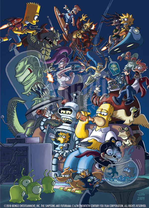 The worlds of Futurama and The Simpsons collide as one in this excellent piece by Jason Ho (Comic Artist / Creator at Bongo Comics).
Worlds Collide by Jason Ho / bootlegsketch (deviantART) (Twitter)