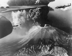 447th Squadron B-25s fly past erupting Vesuvius,