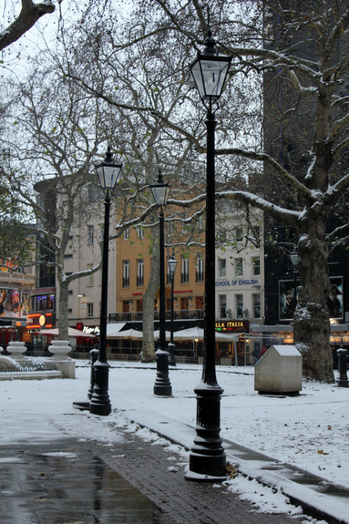 The snow has settled in Leicester Square - very pretty.