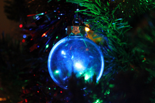 Bauble with a light behind it on our Christmas tree.