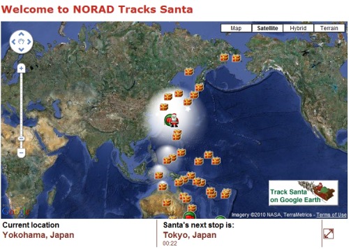 thedailywhat:  PSA of the Day: As every Christmas, the North American Aerospace Defense Command is tracking Santa’s magical ride around the world. You can follow along (and learn more about his destinations) at the Official NORAD Santa Tracker site.