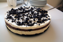 daisypetalss:  Oreo Cookie Cake Chocolate cake batter 1 c. coarsely crushed Oreo cookies Vanilla frosting Heat oven to 350 degrees. Grease and flour 2 round cake pans. Prepare cake batter as usual. Add all of the cookies except for 3 tablespoons. Stir