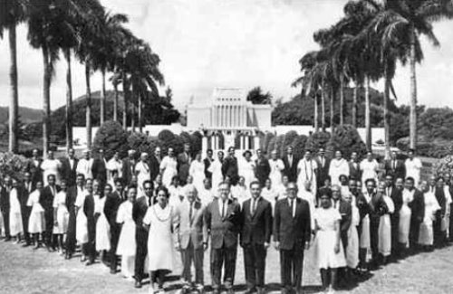 The Oahu Stake Samoan Choir posed in the 1960’s in front of the Hawaii temple. This choir was 