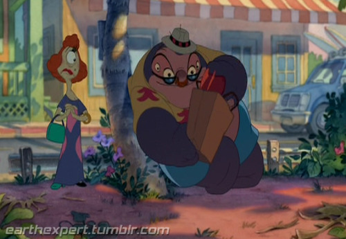 Pleakley first appears in drag in the original Lilo & Stitch. His outfits are put together with what he could gather around him on Earth and what he thought was appropriate. Essentially, he has to work with what he had and mismatch different items....