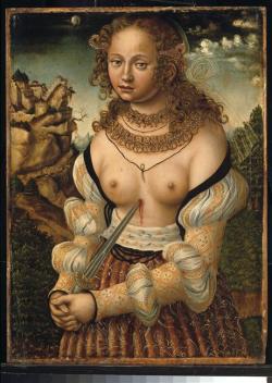 this-seat-is-taken:  The Suicide of Lucretia. Lucas Cranach the Elder (via Réunion des musées nationaux)  lentamente spingo lo stiletto nelle carni poiché non per disperazione io muoio, ma per rassegnazione e obbedienza. A chi devo obbedienza? A me