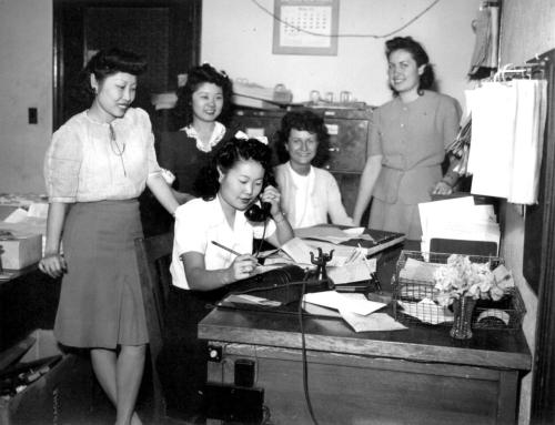 Mary Kitano from Manzanar and her fellow-workers on the staff of the City News Service, 1945. Mary K