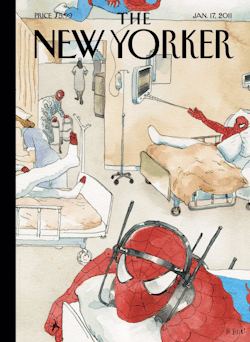 thedailywhat:  Magazine Cover of the Day: Barry Blitt’s covers this week’s New Yorker with a bit of fun at the expense of Julie Taymor’s injury-riddled Spider-Man musical. [newyorker.] 