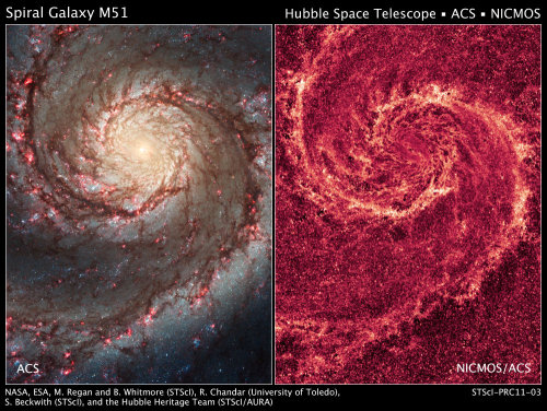 unknownskywalker:  The Two-faced Whirlpool Galaxy These images by the Hubble Space Telescope show off two dramatically different face-on views of the spiral galaxy M51, dubbed the Whirlpool Galaxy. The image at left, taken in visible light, highlights