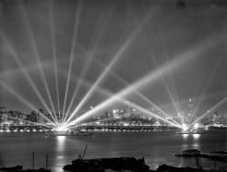 The Navy&rsquo;s eyes probe the sky Hudson, NY, 3 May 1939 Atlantic Scuadron&rsquo;s BB-35 Texas &amp; BB-34 New York battleships&rsquo; massive searchlights illuminate the skies over NYA.P. Wirephoto courtesy of Jonathan Eno