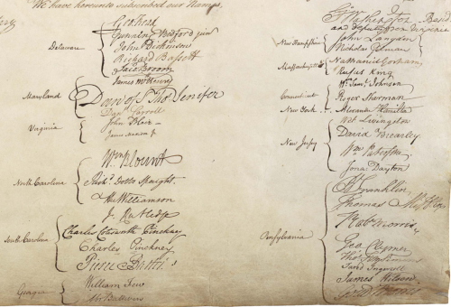 foundingfatherfest:  Signatures on the Constitution.  I’m not one to believe that handwriting can give insight into a person’s character, but look at how small James Madison’s signature is!  It’s this tiny, tiny little thing!  Exactly what