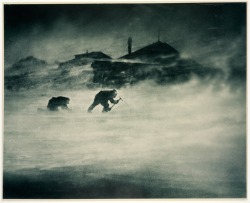 Blizzard at Cape Denison, Antarctica Whetter &amp; Close trying to get ice for drinking water from glacier adjacent to the Australasian Antarctic Expedition (AAE) winter quarters;photo by Frank Hurley, 1912via: New South Wales State Libary