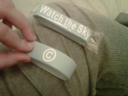 darrencrissisabamf:  ~BRACELET GIVEAWAY~ I have TWO bracelets left to give away! These are sky blue custom phat bands reading “Watch the Sky”, based on the Something Corporate song. There are a grand total of 22 of them in existence, and this is your