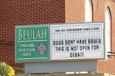 Two churches located across the street from each other.  At least the Catholics have a sense of humor.