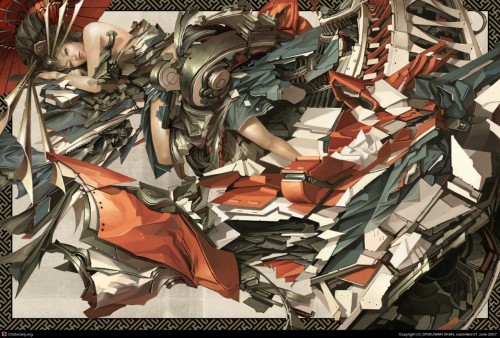 hatterandahare:  the japanese. gotta love them. this appears to be a geisha turning into a gundam. dunno. stumbleupon knows me so well   Oh my Goddd.  I want to craft a living room around this as a print.