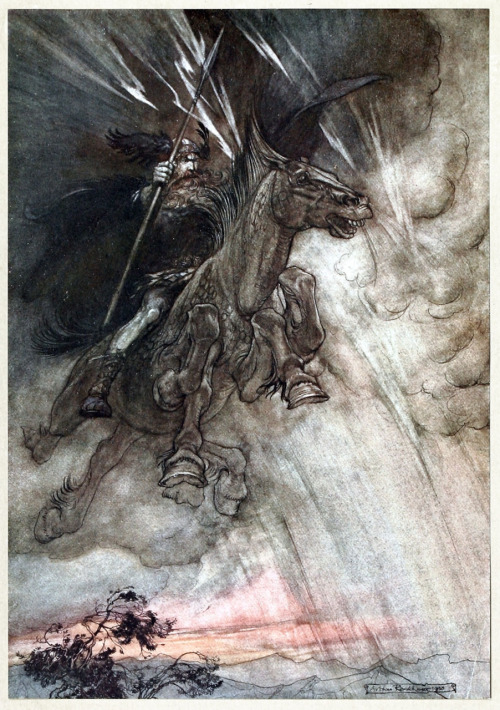 artofnarrative: oldbookillustrations: Raging, Wotan rides to the rock! […] Like a storm-wind 