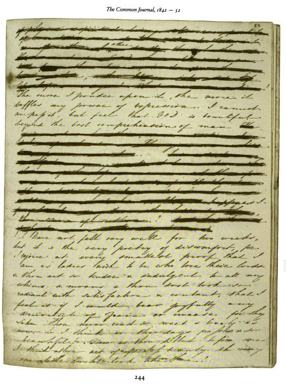 A page from Nathaniel and Sophia Hawthorne’s journal, with passages blacked out by Sophia
“From the summer of 1842 through the fall of 1843, Nathaniel & Sophia Hawthorne kept a common journal of their daily lives in a notebook currently housed in the...