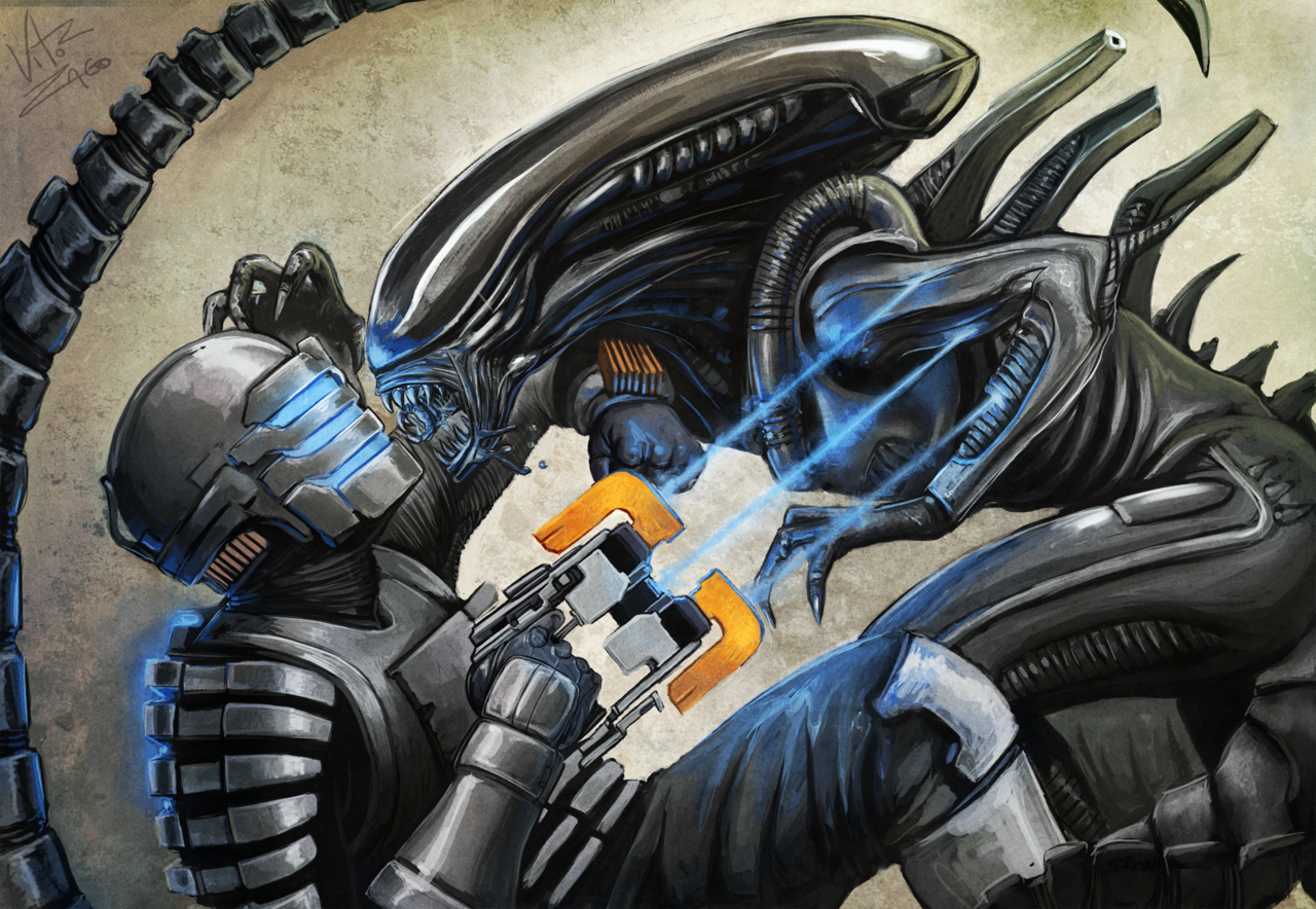 What an intense battle in this “Alien vs Dead Space” mash up illustration by Vitor Zago! Check it out in 3D HERE.
Alien VS Dead Space by Vitor Zago
Via: svalts