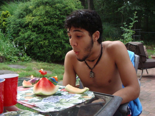 Put dinosaur candles into a slice of watermelon for Alex’s birthday last year :D